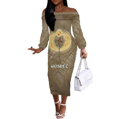 Wosret Egyptian Off The Shoulder Long Sleeve Dress with Golden Scepter and Archer Motif in Ancient Protector