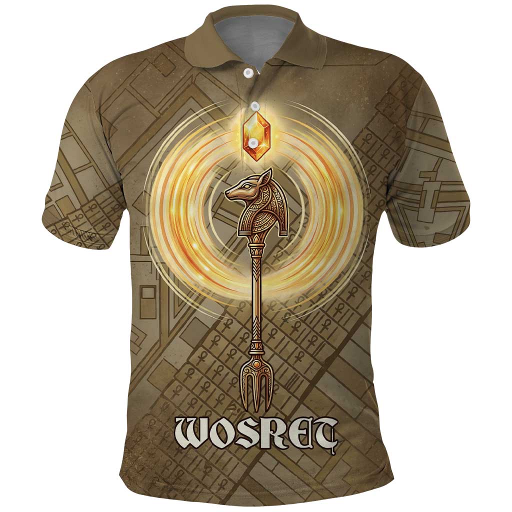 Wosret Egyptian Polo Shirt with Golden Scepter and Archer Motif in Ancient Protector