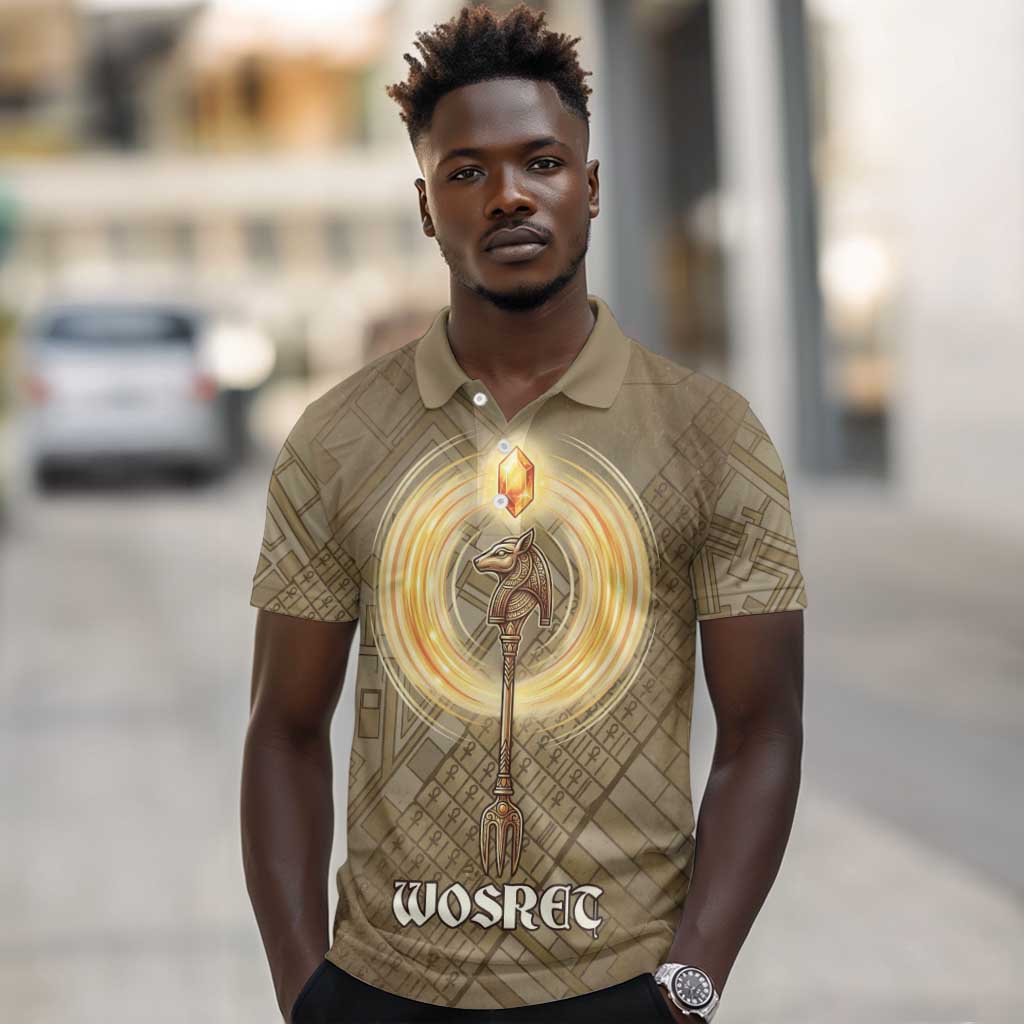 Wosret Egyptian Polo Shirt with Golden Scepter and Archer Motif in Ancient Protector