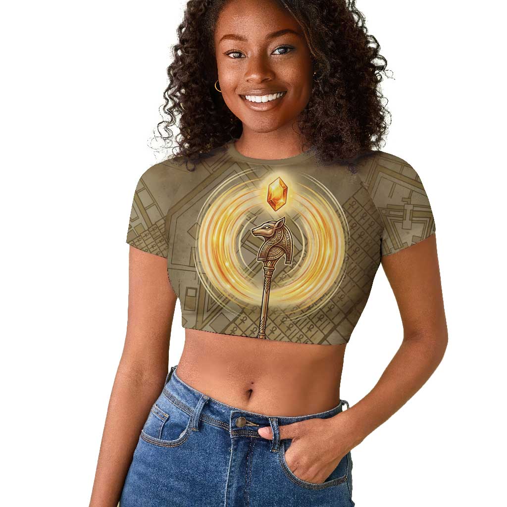 Wosret Egyptian Raglan Cropped T shirt with Golden Scepter and Archer Motif in Ancient Protector