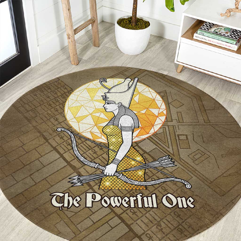Wosret Egyptian Round Carpet with Golden Scepter and Archer Motif in Ancient Protector