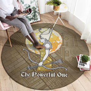 Wosret Egyptian Round Carpet with Golden Scepter and Archer Motif in Ancient Protector