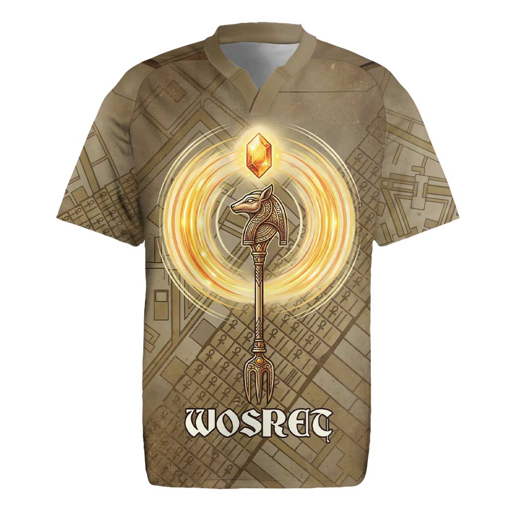Wosret Egyptian Rugby Jersey with Golden Scepter and Archer Motif in Ancient Protector
