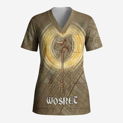 Wosret Egyptian Scrub Top with Golden Scepter and Archer Motif in Ancient Protector