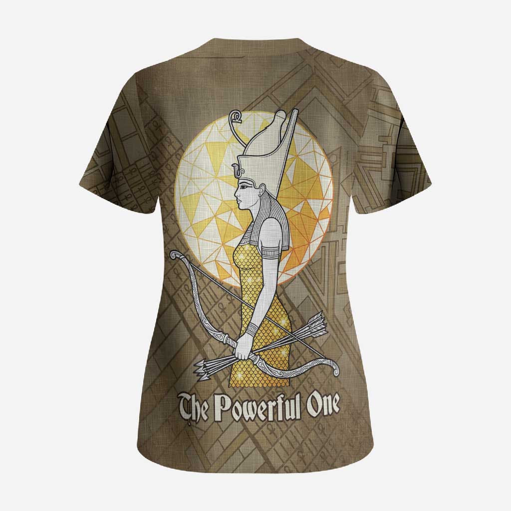 Wosret Egyptian Scrub Top with Golden Scepter and Archer Motif in Ancient Protector