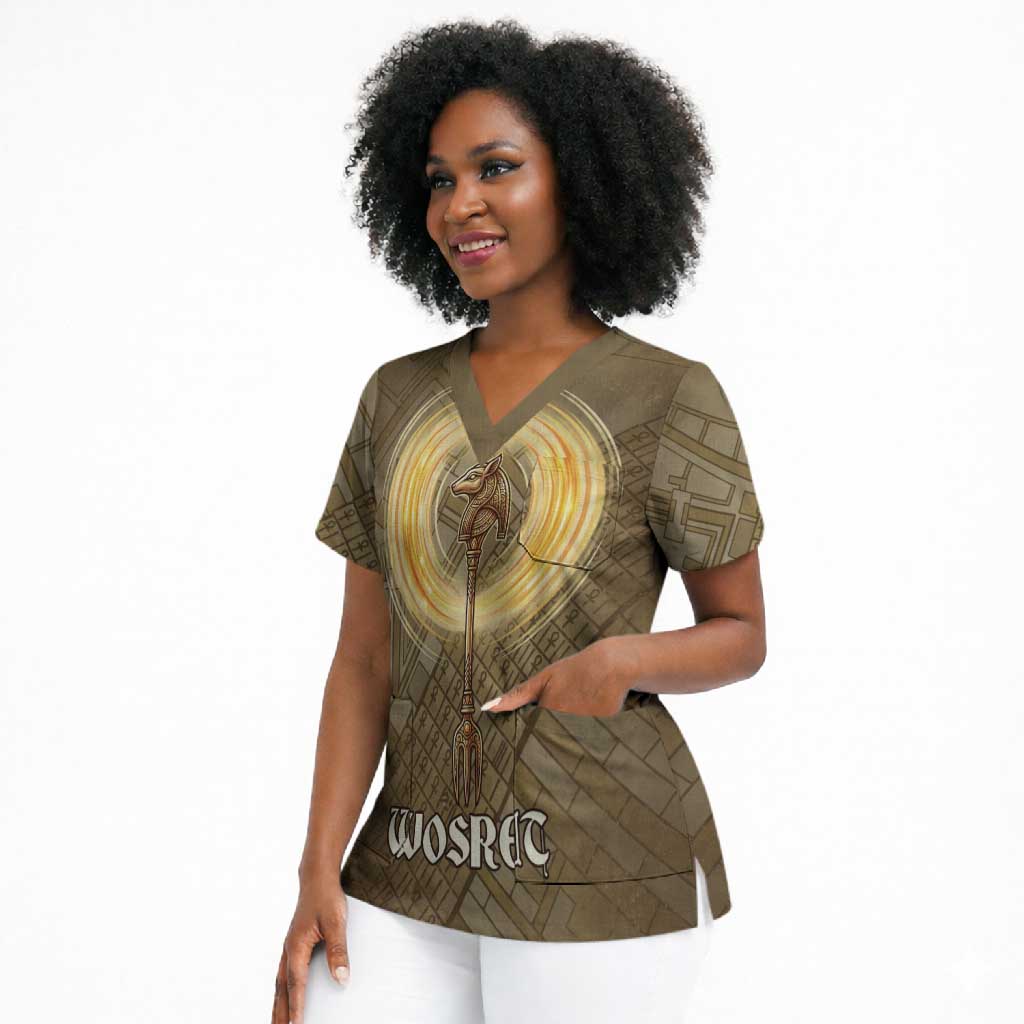 Wosret Egyptian Scrub Top with Golden Scepter and Archer Motif in Ancient Protector