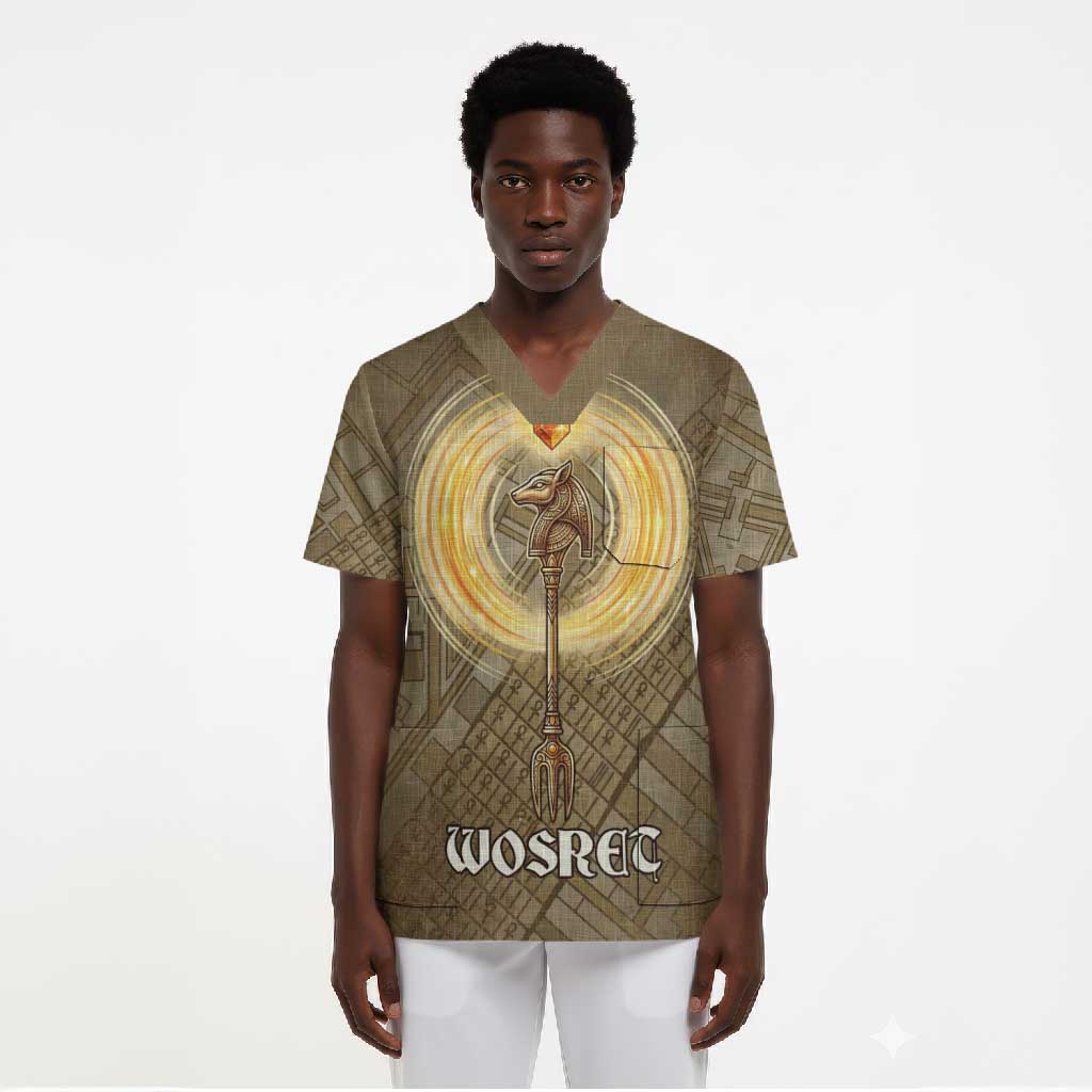 Wosret Egyptian Scrub Top with Golden Scepter and Archer Motif in Ancient Protector