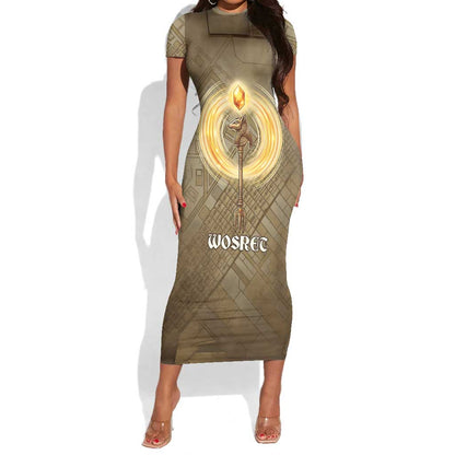 Wosret Egyptian Short Sleeve Bodycon Dress with Golden Scepter and Archer Motif in Ancient Protector