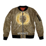 Wosret Egyptian Sleeve Zip Bomber Jacket with Golden Scepter and Archer Motif in Ancient Protector
