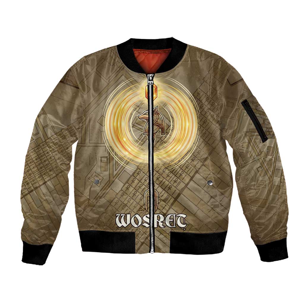 Wosret Egyptian Sleeve Zip Bomber Jacket with Golden Scepter and Archer Motif in Ancient Protector