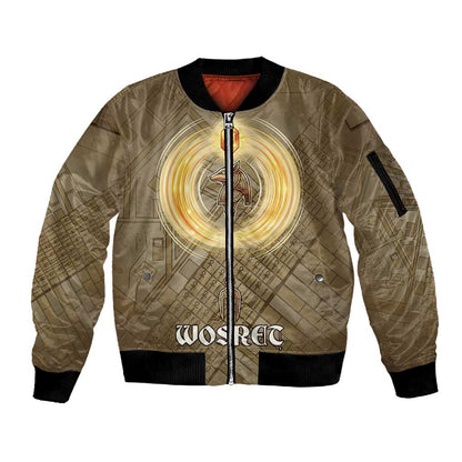 Wosret Egyptian Sleeve Zip Bomber Jacket with Golden Scepter and Archer Motif in Ancient Protector