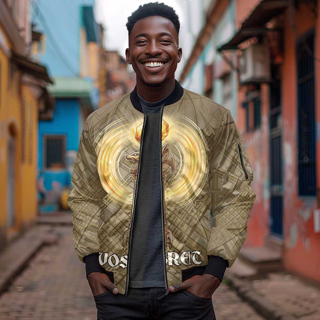 Wosret Egyptian Sleeve Zip Bomber Jacket with Golden Scepter and Archer Motif in Ancient Protector