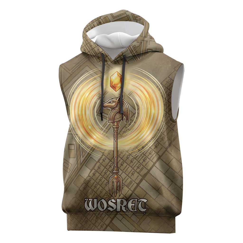 Wosret Egyptian Sleeveless Hoodie with Golden Scepter and Archer Motif in Ancient Protector