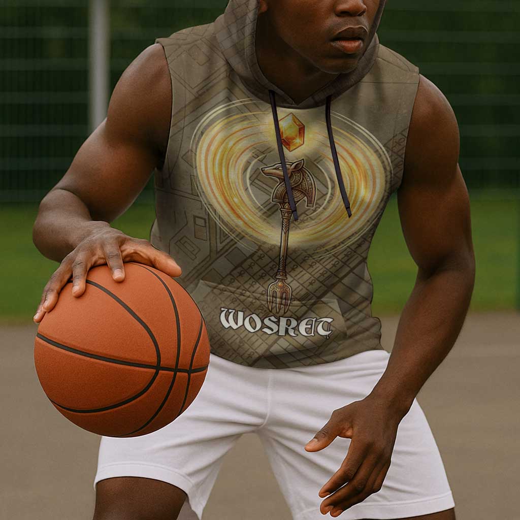 Wosret Egyptian Sleeveless Hoodie with Golden Scepter and Archer Motif in Ancient Protector
