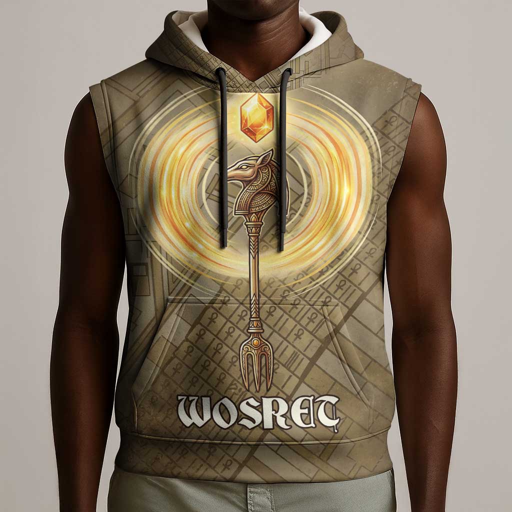Wosret Egyptian Sleeveless Hoodie with Golden Scepter and Archer Motif in Ancient Protector