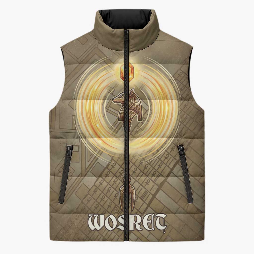 Wosret Egyptian Sleeveless Puffer Jacket with Golden Scepter and Archer Motif in Ancient Protector