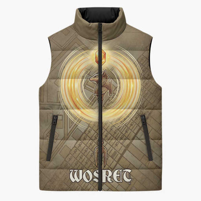 Wosret Egyptian Sleeveless Puffer Jacket with Golden Scepter and Archer Motif in Ancient Protector