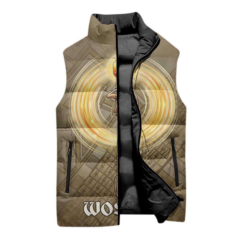 Wosret Egyptian Sleeveless Puffer Jacket with Golden Scepter and Archer Motif in Ancient Protector