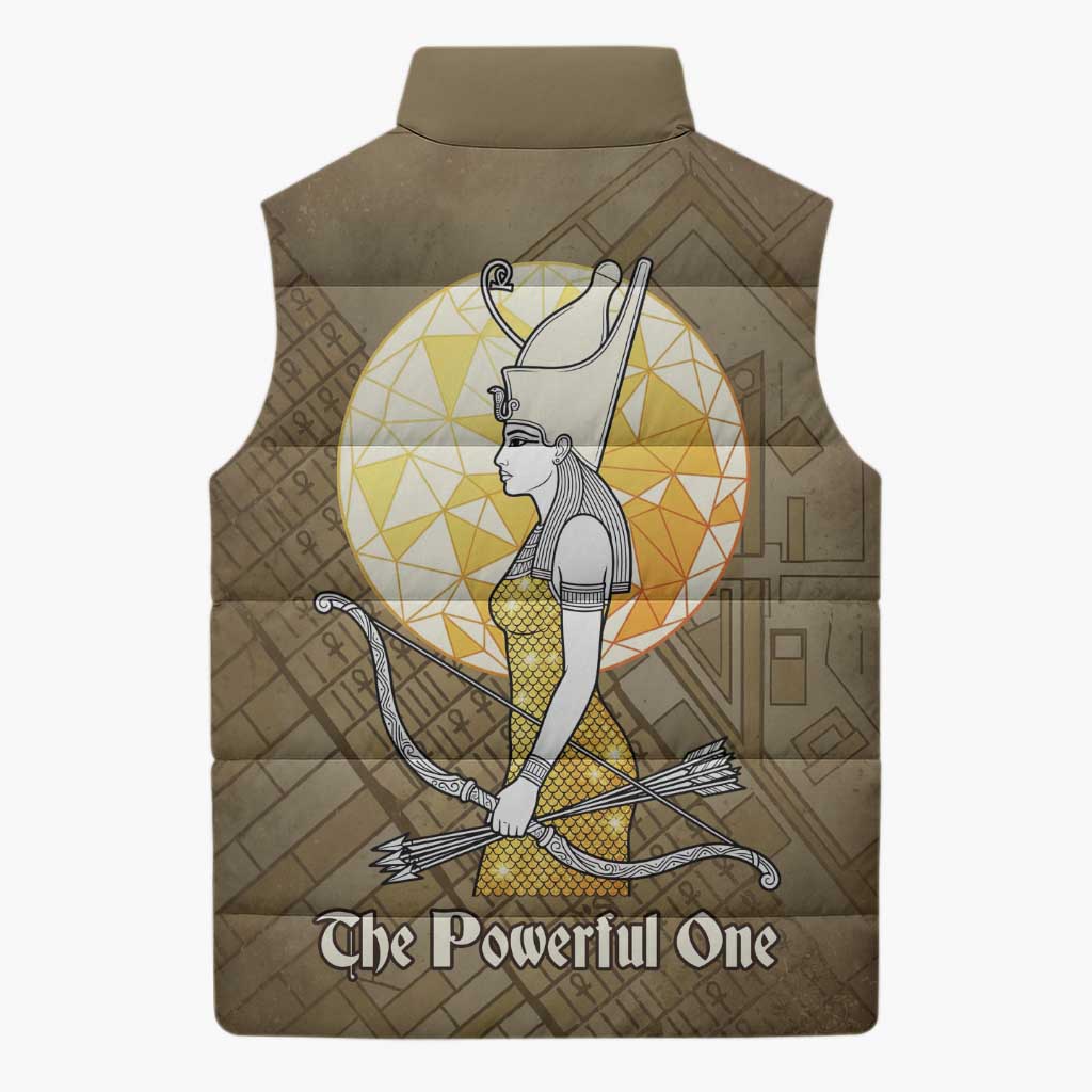Wosret Egyptian Sleeveless Puffer Jacket with Golden Scepter and Archer Motif in Ancient Protector