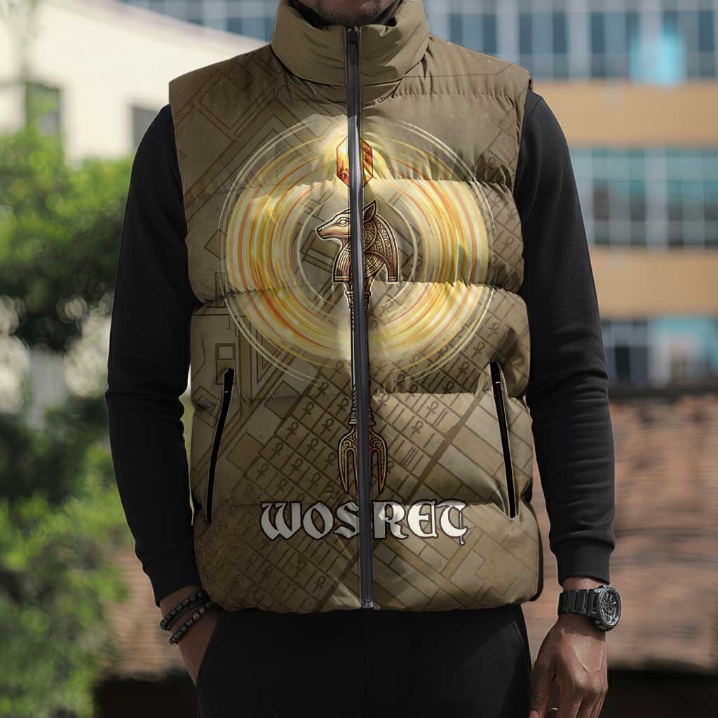 Wosret Egyptian Sleeveless Puffer Jacket with Golden Scepter and Archer Motif in Ancient Protector