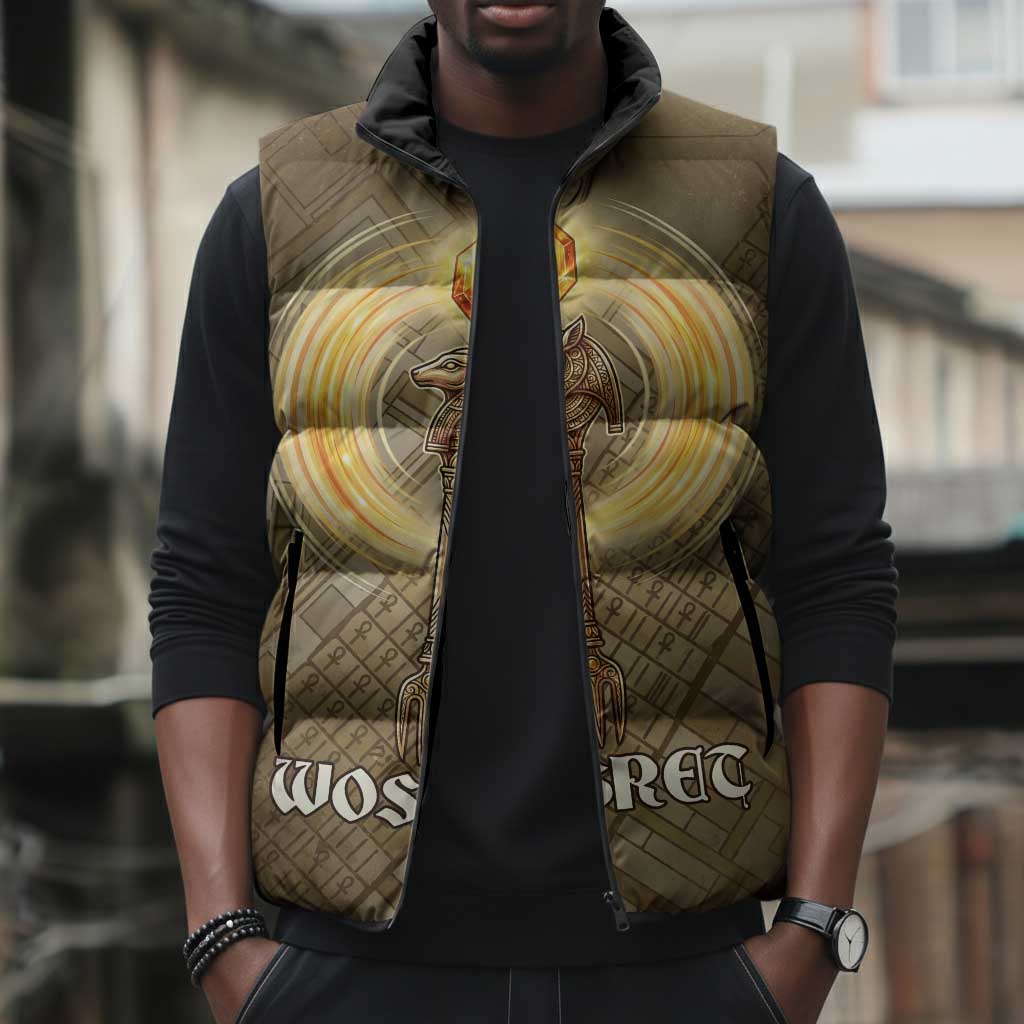 Wosret Egyptian Sleeveless Puffer Jacket with Golden Scepter and Archer Motif in Ancient Protector