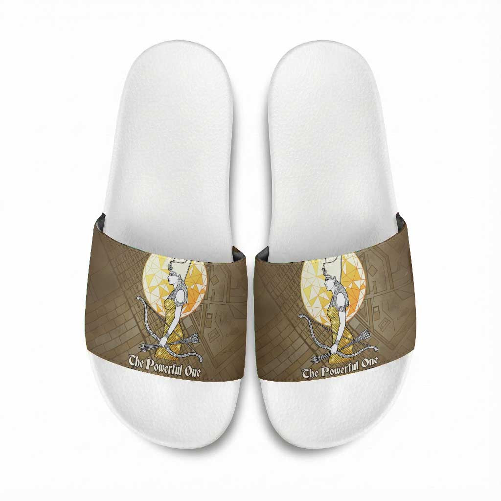 Wosret Egyptian Slide Sandals with Golden Scepter and Archer Motif in Ancient Protector