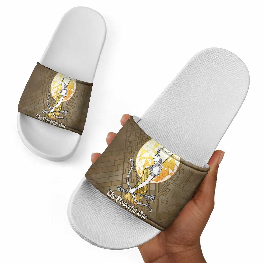 Wosret Egyptian Slide Sandals with Golden Scepter and Archer Motif in Ancient Protector