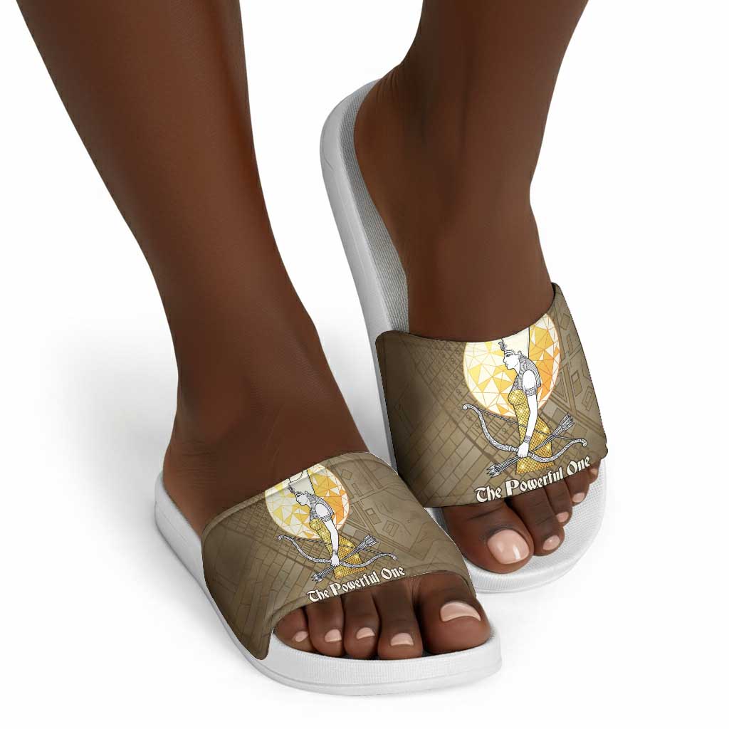 Wosret Egyptian Slide Sandals with Golden Scepter and Archer Motif in Ancient Protector