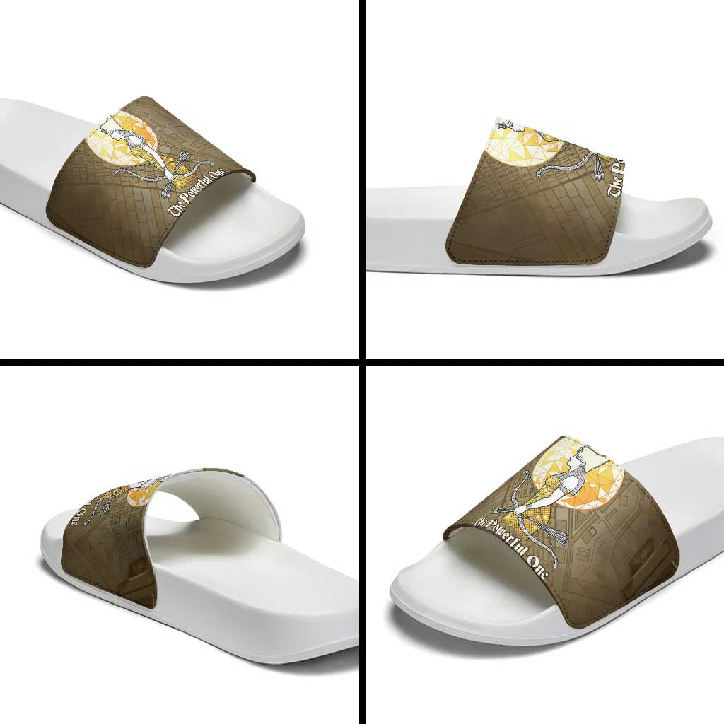 Wosret Egyptian Slide Sandals with Golden Scepter and Archer Motif in Ancient Protector