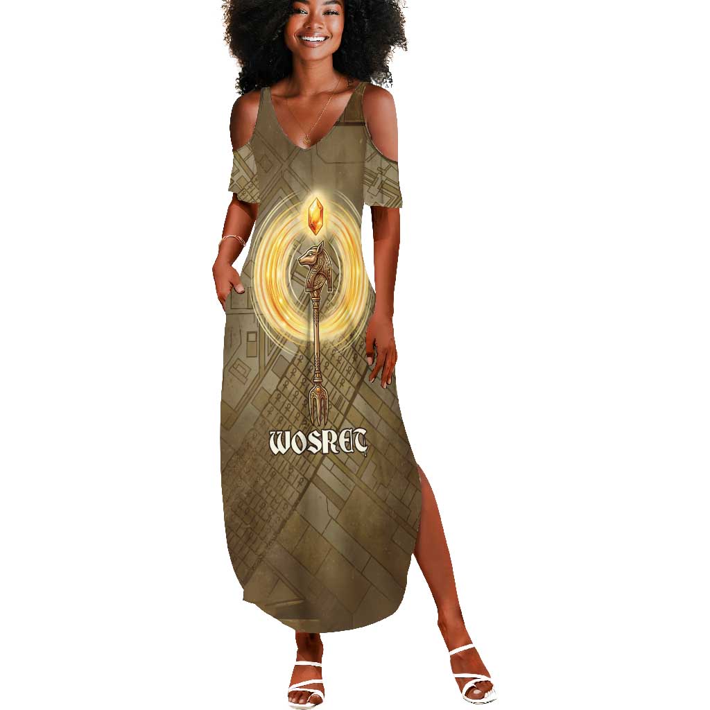 Wosret Egyptian Summer Maxi Dress with Golden Scepter and Archer Motif in Ancient Protector