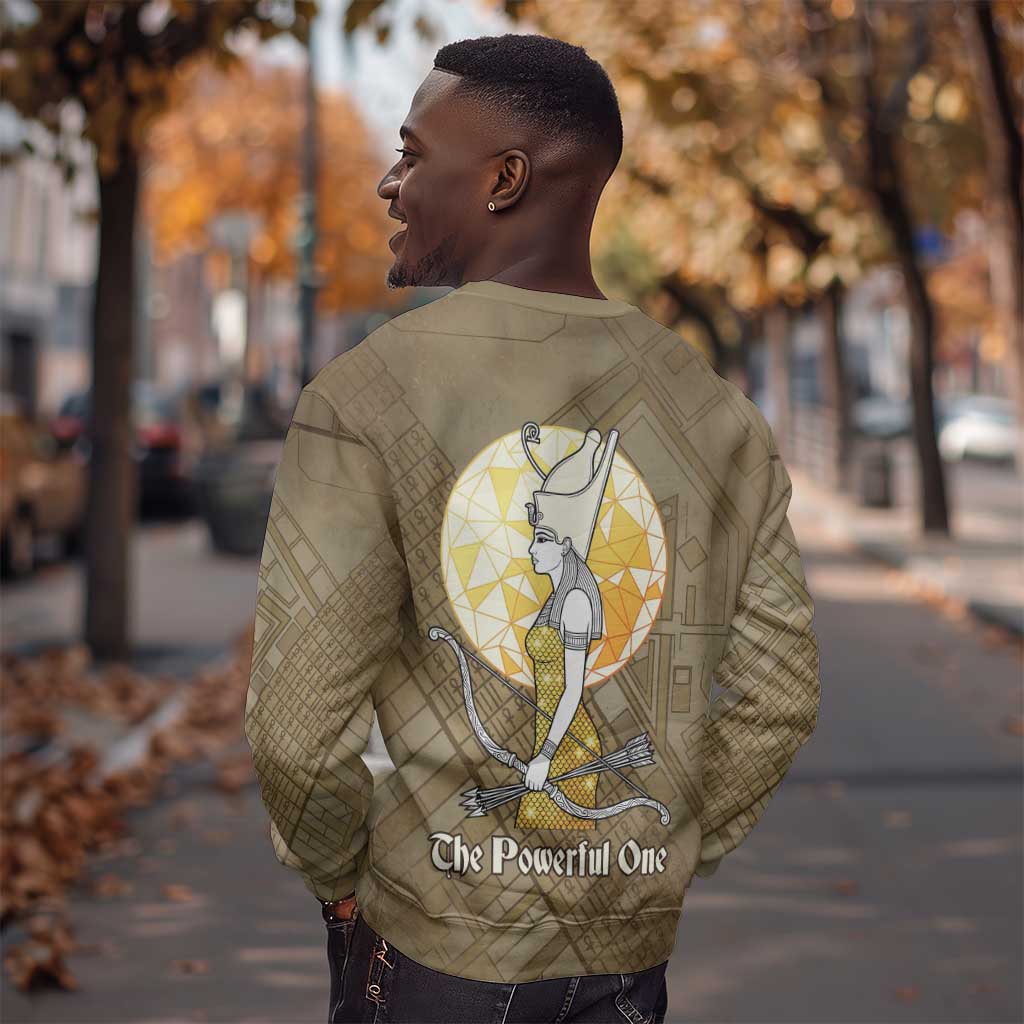 Wosret Egyptian Sweatshirt with Golden Scepter and Archer Motif in Ancient Protector
