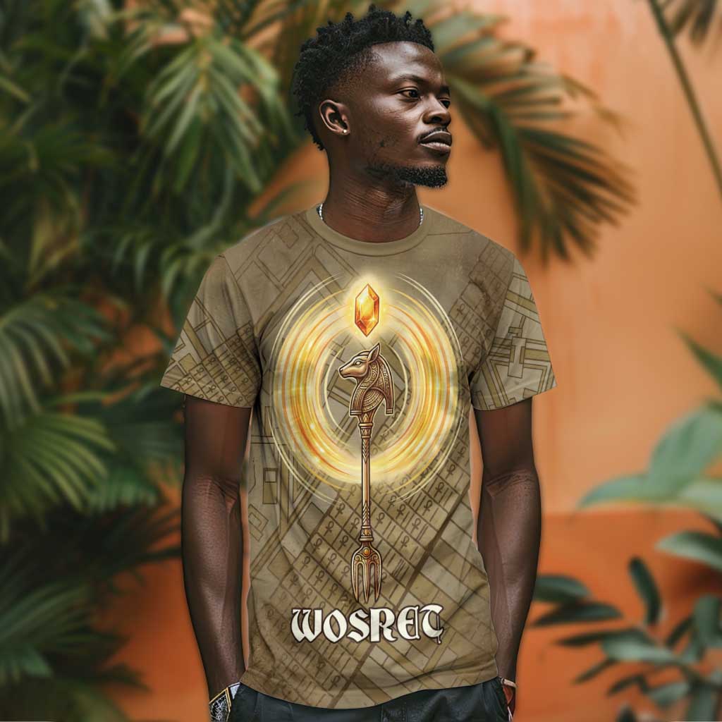 Wosret Egyptian T shirt with Golden Scepter and Archer Motif in Ancient Protector
