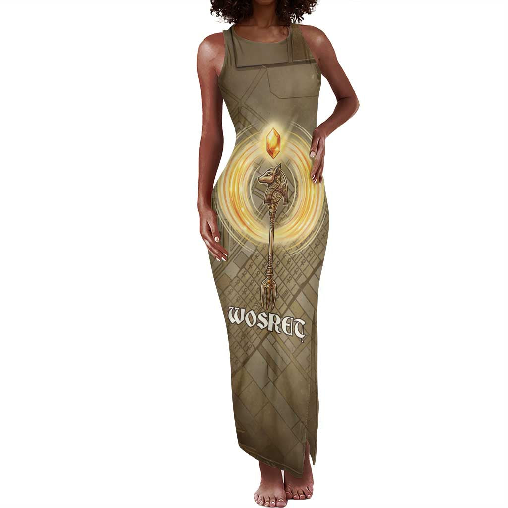 Wosret Egyptian Tank Maxi Dress with Golden Scepter and Archer Motif in Ancient Protector