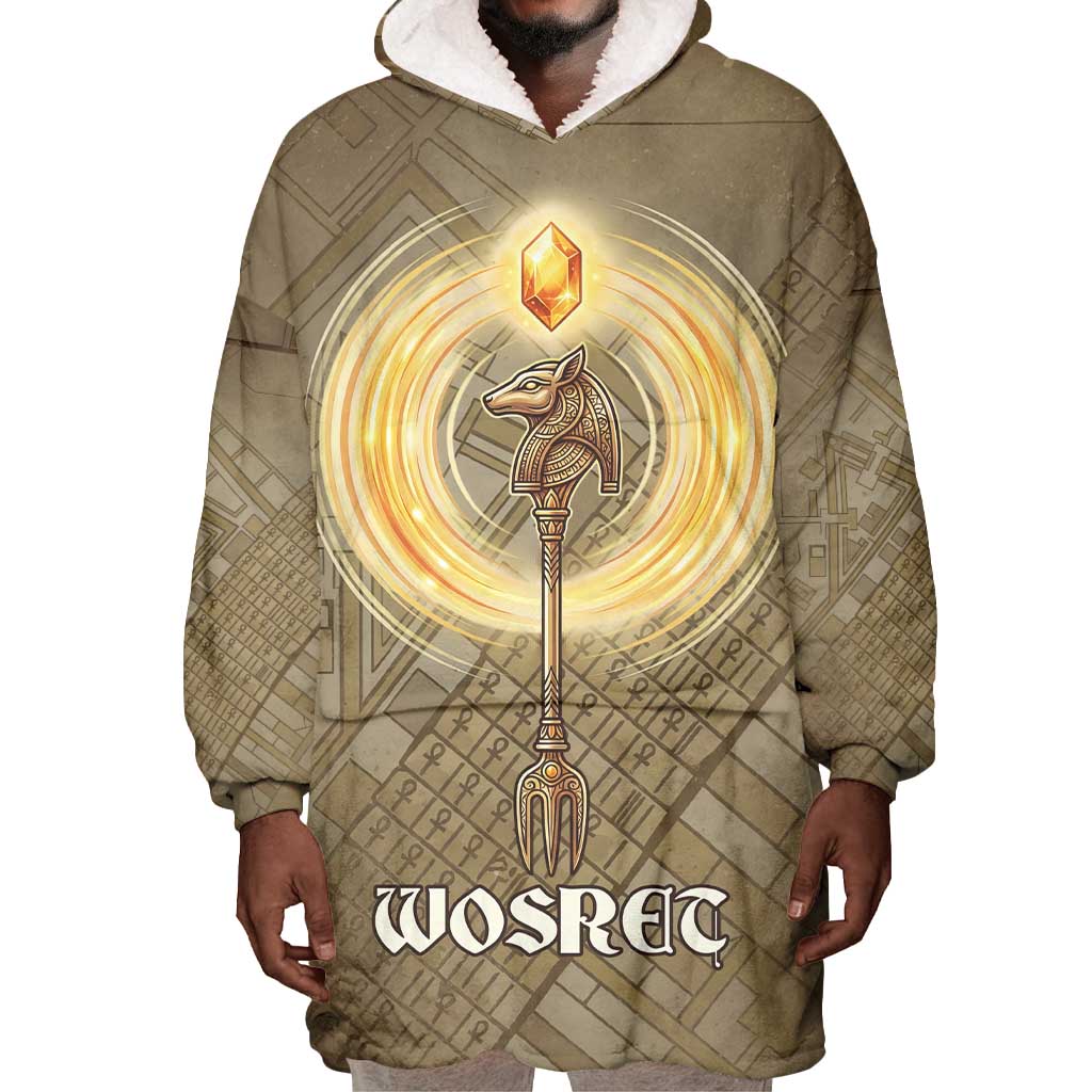 Wosret Egyptian Wearable Blanket Hoodie with Golden Scepter and Archer Motif in Ancient Protector