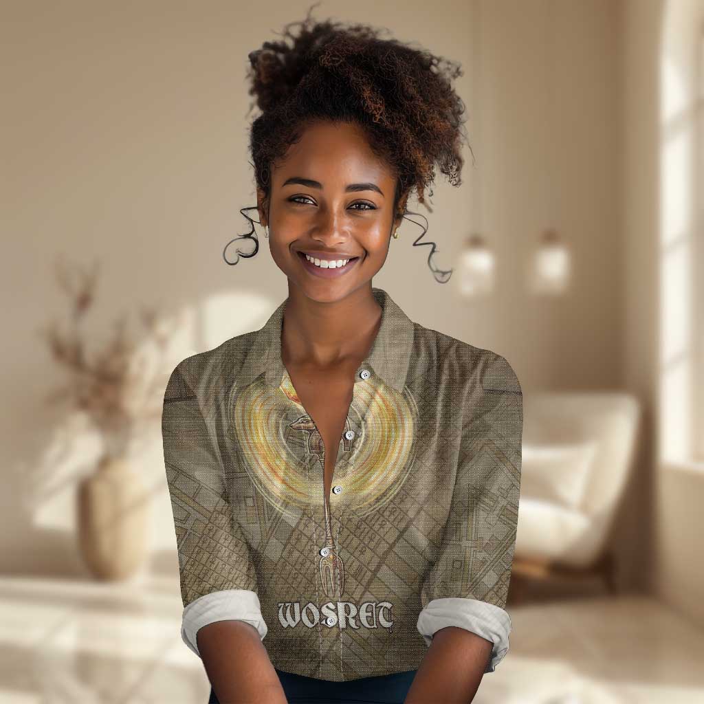 Wosret Egyptian Women Casual Shirt with Golden Scepter and Archer Motif in Ancient Protector