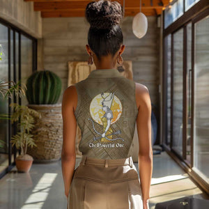Wosret Egyptian Women Sleeveless Polo Shirt with Golden Scepter and Archer Motif in Ancient Protector