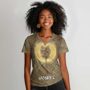 Wosret Egyptian Women V-Neck T-Shirt with Golden Scepter and Archer Motif in Ancient Protector