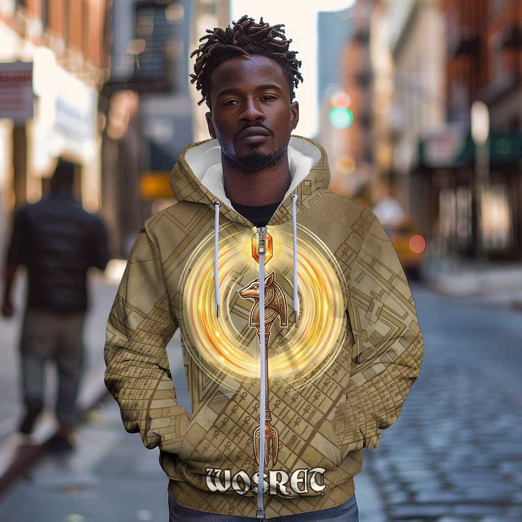 Wosret Egyptian Zip Hoodie with Golden Scepter and Archer Motif in Ancient Protector