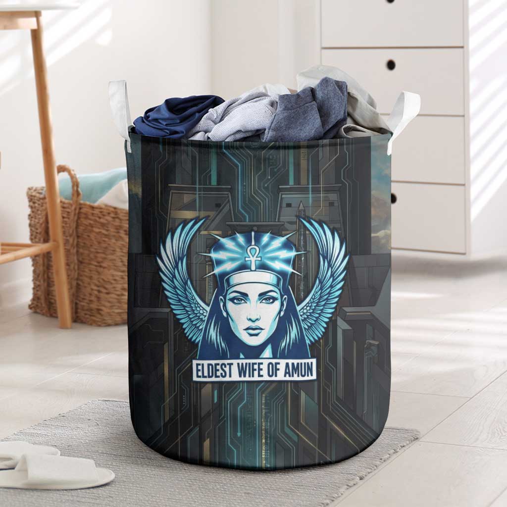 Wosret Winged Crown Laundry Basket Egyptian Cyber Circuit Design in Futuristic Blue Theme