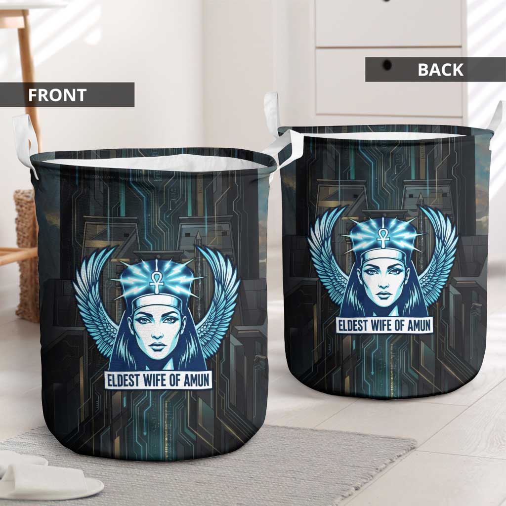 Wosret Winged Crown Laundry Basket Egyptian Cyber Circuit Design in Futuristic Blue Theme