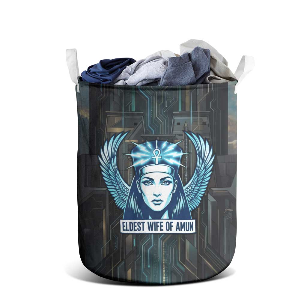 Wosret Winged Crown Laundry Basket Egyptian Cyber Circuit Design in Futuristic Blue Theme