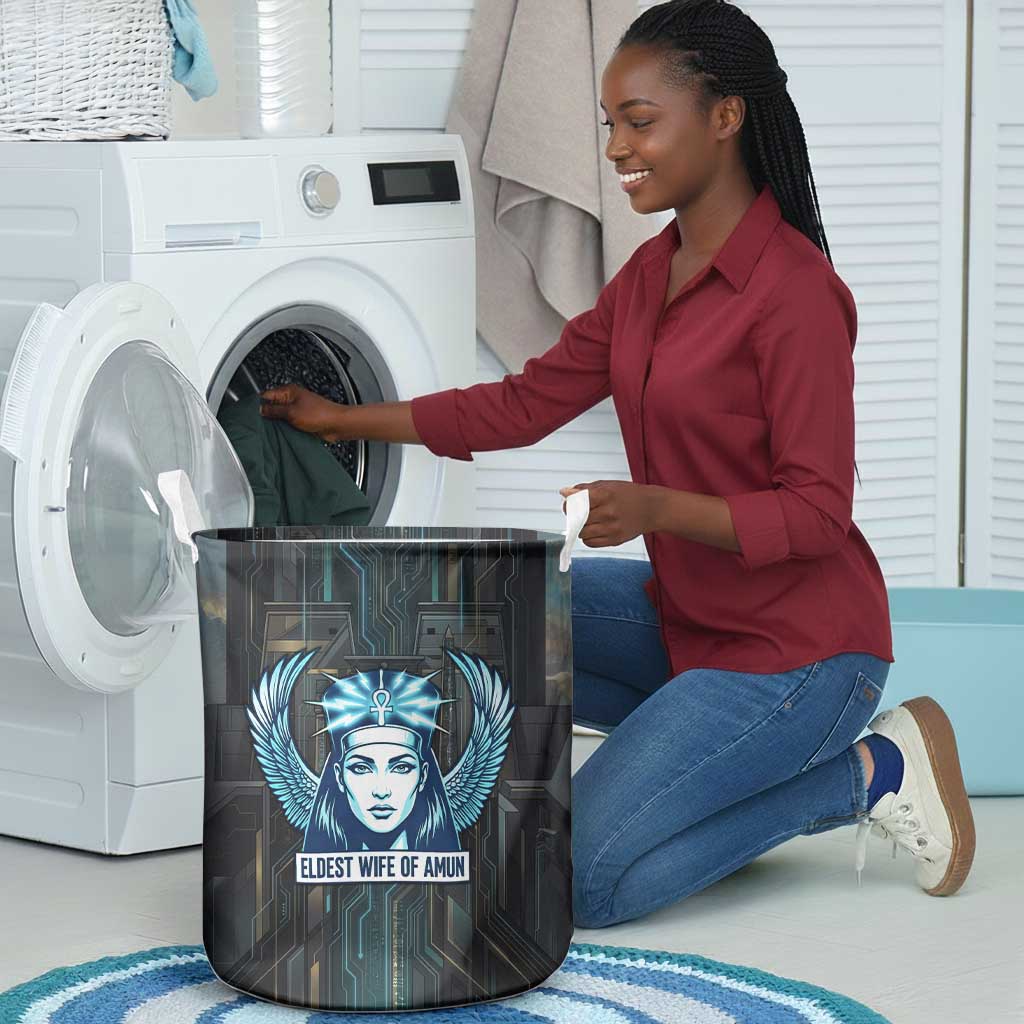 Wosret Winged Crown Laundry Basket Egyptian Cyber Circuit Design in Futuristic Blue Theme