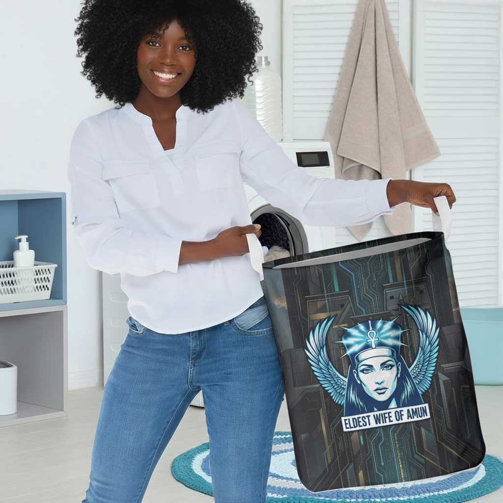 Wosret Winged Crown Laundry Basket Egyptian Cyber Circuit Design in Futuristic Blue Theme