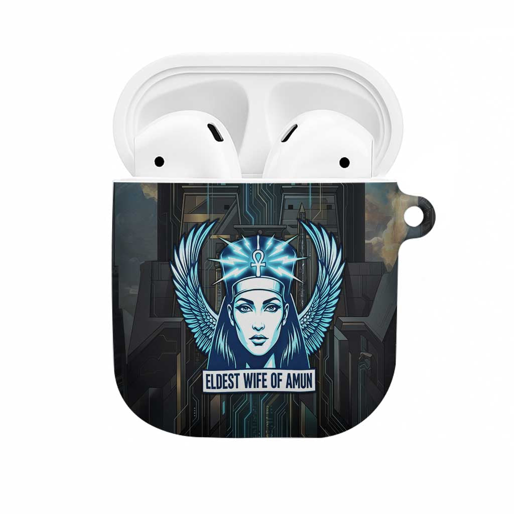 Wosret Winged Crown AirPods Case Egyptian Cyber Circuit Design in Futuristic Blue Theme