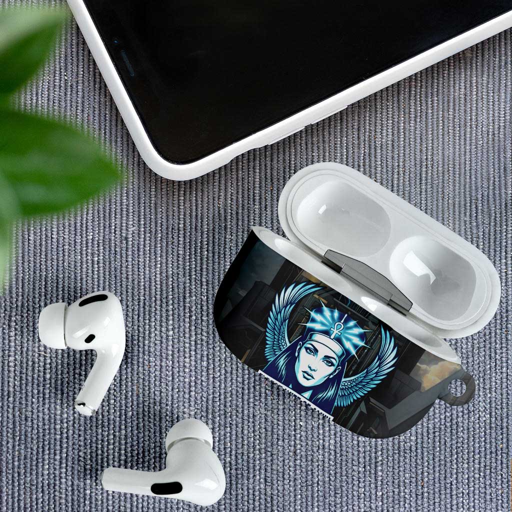 Wosret Winged Crown AirPods Case Egyptian Cyber Circuit Design in Futuristic Blue Theme