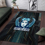 Wosret Winged Crown Area Rug Egyptian Cyber Circuit Design in Futuristic Blue Theme