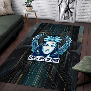 Wosret Winged Crown Area Rug Egyptian Cyber Circuit Design in Futuristic Blue Theme