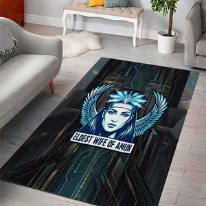 Wosret Winged Crown Area Rug Egyptian Cyber Circuit Design in Futuristic Blue Theme