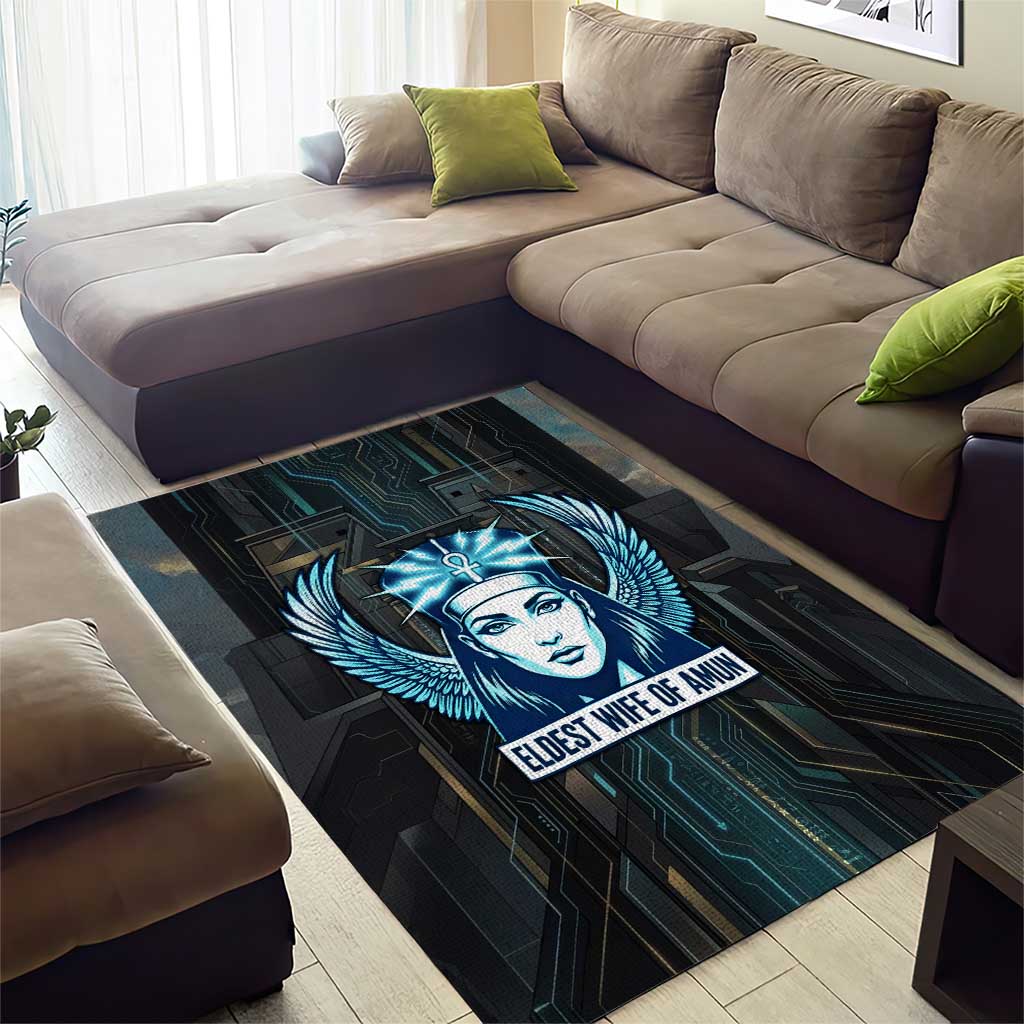 Wosret Winged Crown Area Rug Egyptian Cyber Circuit Design in Futuristic Blue Theme