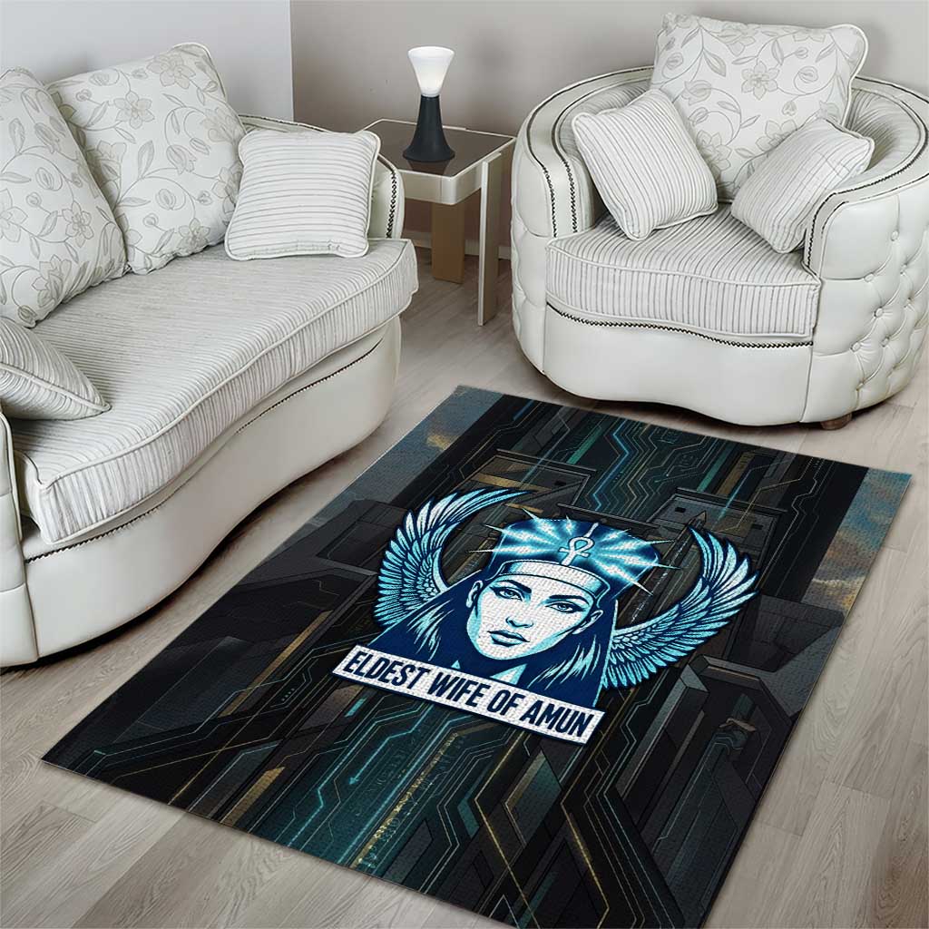 Wosret Winged Crown Area Rug Egyptian Cyber Circuit Design in Futuristic Blue Theme